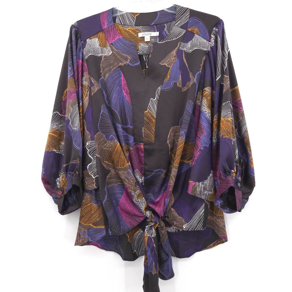 Chico's womens silky‎ tie wasit top Size 2 (L) puff sleeves scarf print Artsy